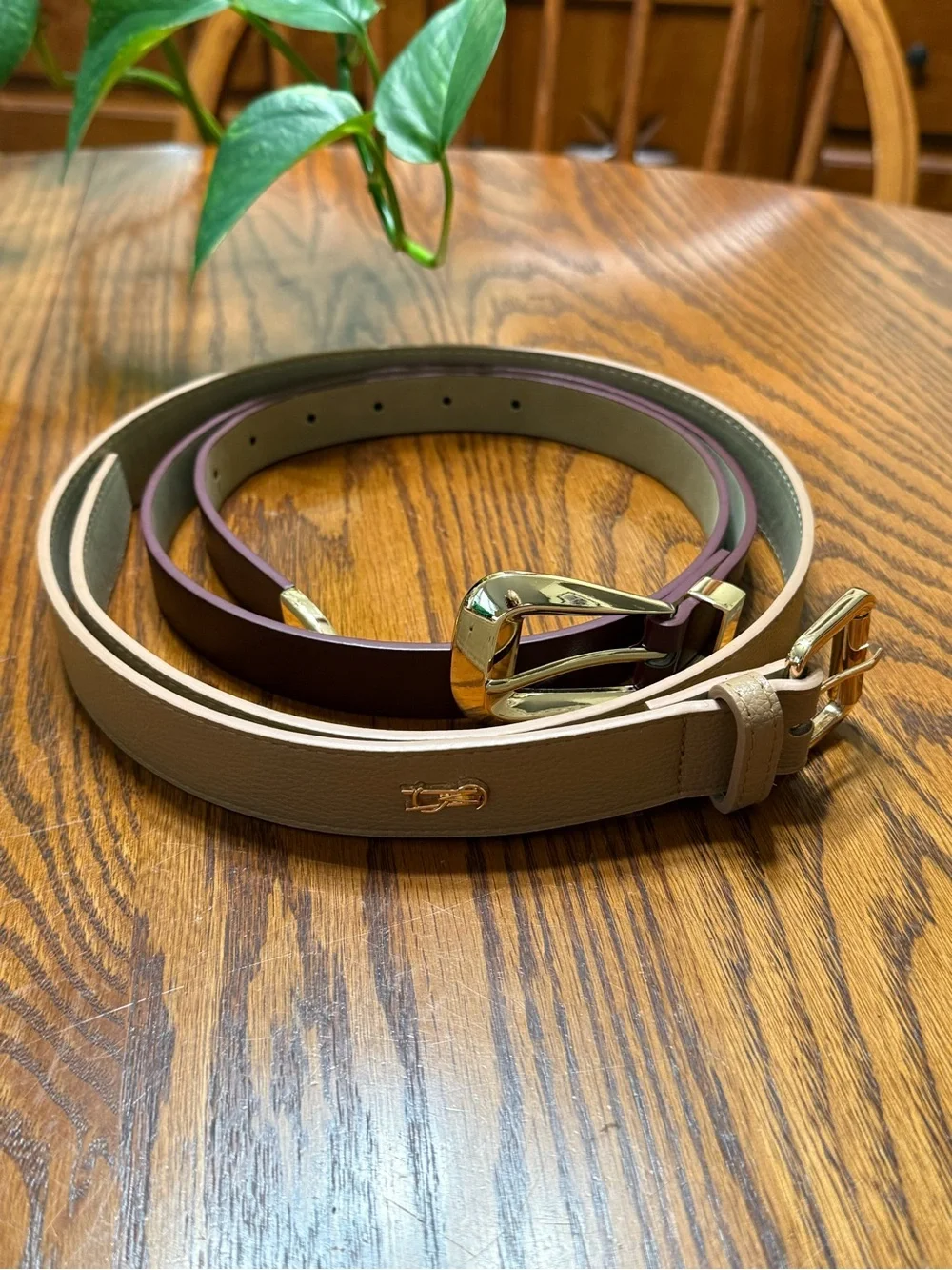 Women's Vegan Faux Leather Belts in Tan and Maroon Set of 2